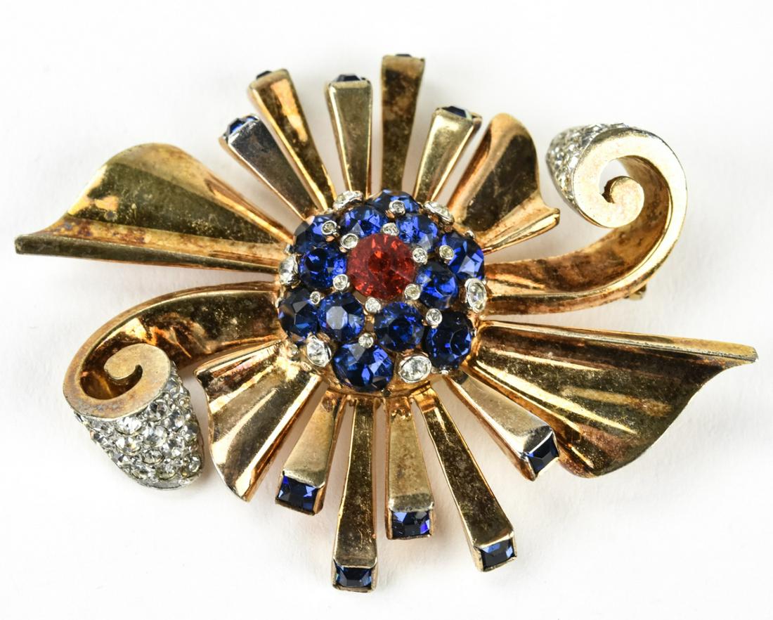 Vintage Retro Sterling Silver Brooch w Paste: Vintage Retro C 1940 Sterling Silver Brooch w Ruby and Sapphire Paste / Clear Rhinestones. Marked STERLING, attributed to MAZER but unsigned. Measures 2.5 inches in length.