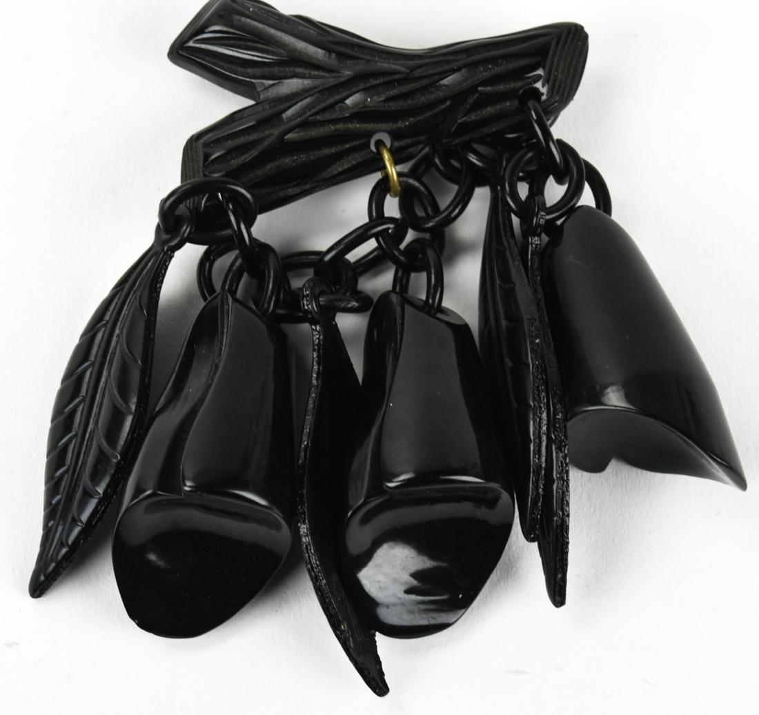 Chunky 4" Black Bakelite Branch w Leaves Brooch: Chunky 4" Black Bakelite Branch w Acetate Leaf Motif Brooch c. 1945. 4 inches x 4 inches