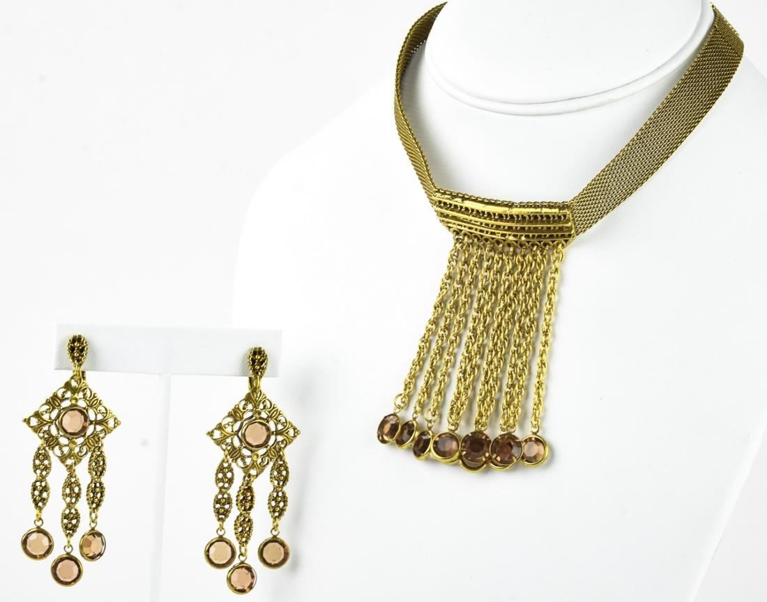 Unsigned Goidette Gilt & Drop Necklace / Earrings: Unsigned Goidette Gilt & Amber Glass Drop Necklace / Choker with 2.75 Inch Long Earrings c 1975. Necklace is 10-12 inches long.