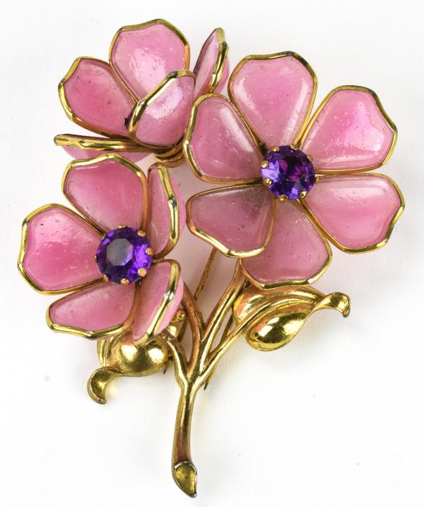 Huge C 1940s Gilt & Pink Poured Glass Brooch: Huge C 1940s Gilt & Pink Poured Glass Brooch. Floral motif with sapphire paste stones. Measures approximately 3.5 inches in length.