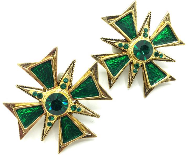 Vintage Pair of Large Maltese Cross Clip Earrings: Vintage Pair of Large Maltese Cross Clip Earrings. Fabulous pair of 1970/80s gold tone costume ear clips with green past and enamel details. Approximately 2” diameter