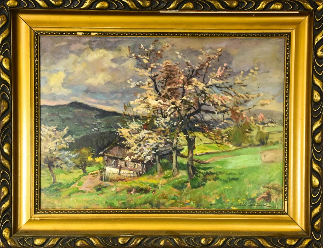 Early 20th C Cina Jelinek Czech Landscape Painting: Early 20th C Cina Jelinek Czech Landscape Painting. Oil on board painting depicting an impressionist style landscape signed Cina Jelinek and dated 28 in the lower right. By artist Frantisek Cina Jelin