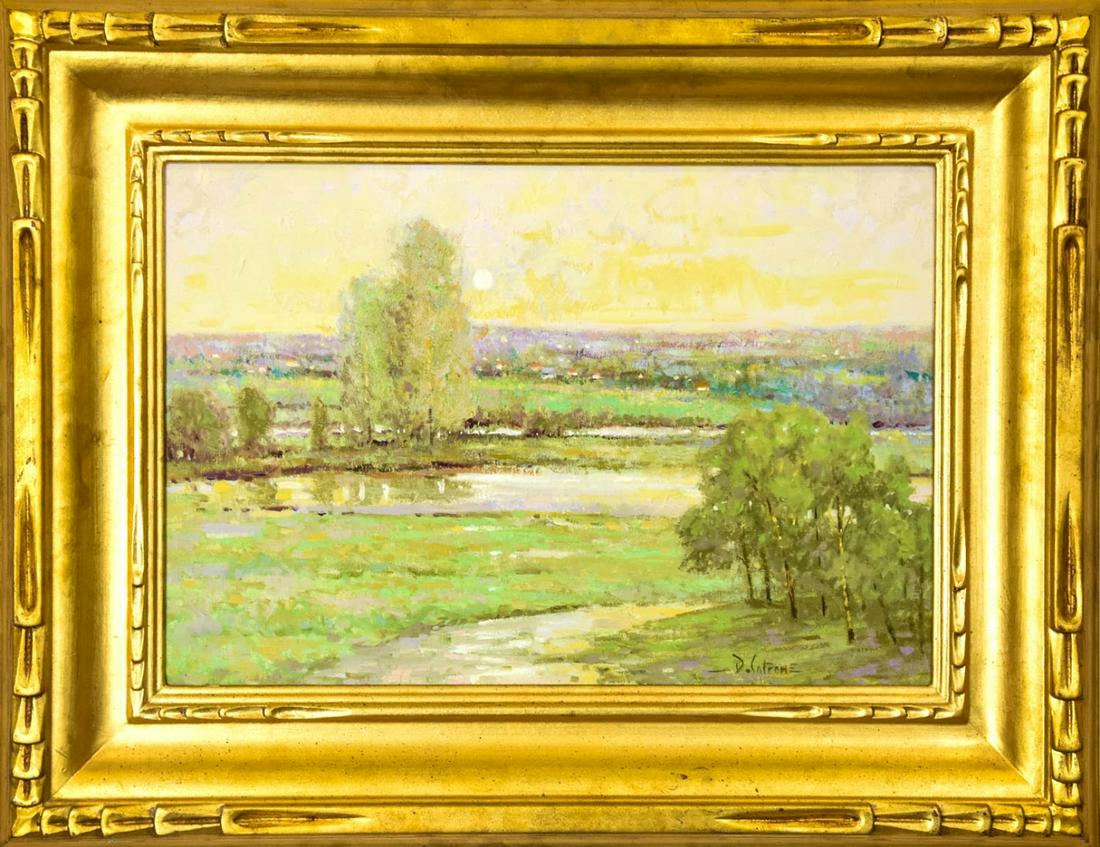 Decotrone Signed & Framed Landscape Oil Painting: Decotrone Signed & Framed Landscape Oil Painting. In a Newcomb Macklin style gold leaf frame. Measures 17 x 22.5 inches.