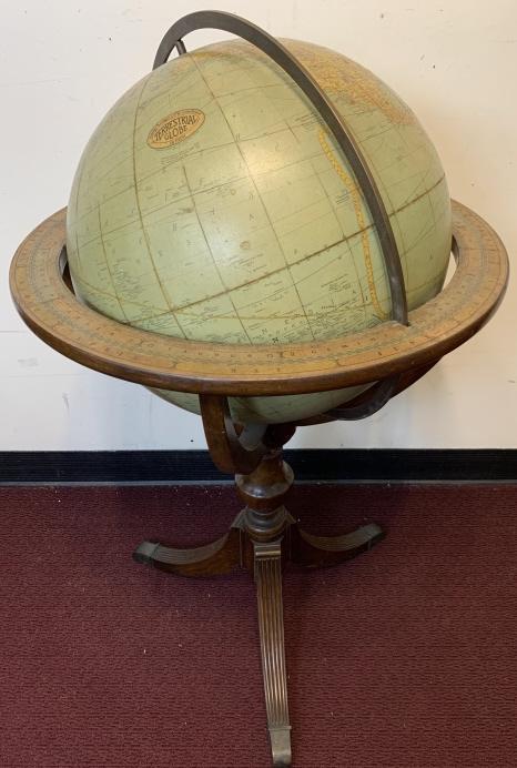 Antique Rand McNally Terrestrial Globe w Zodiac: Antique Rand McNally Terrestrial Globe w Zodiac Border on Pedestal Stand. Measures 36 inches in height, globe is 18 inches in diameter.
