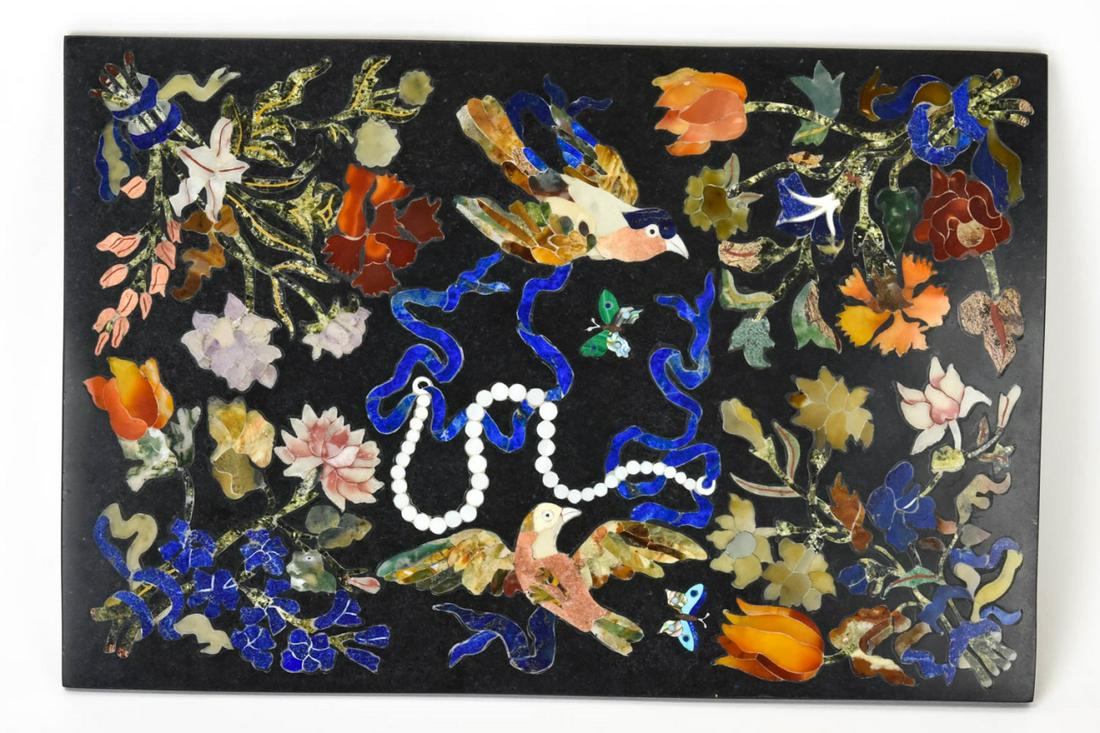 Fine Pietra Dura Bird & Butterfly Hardstone Plaque: Quality Pietra Dura Bird Butterfly Hardstone Plaque. Inlaid stone including lapis lazuli, agate and carnelian. Measures 8 x 12 inches.
