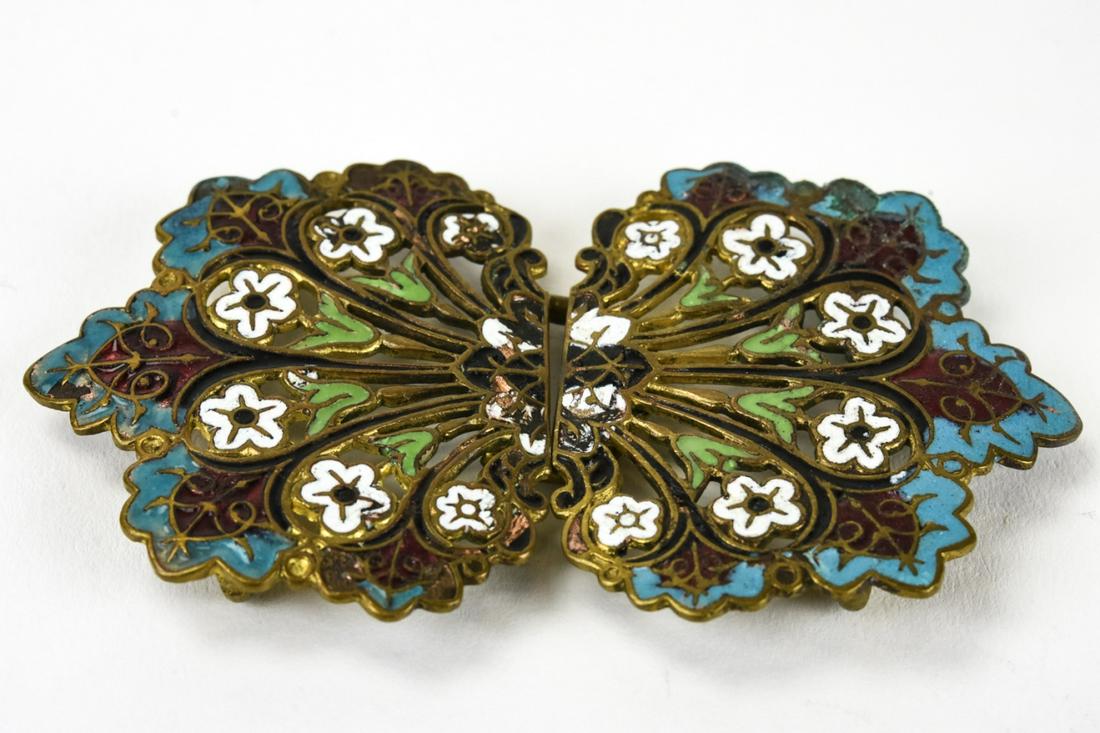Antique European Champleve Enamel Belt Buckle: Antique European Champleve Enamel Belt Buckle. Gilt metal. Measures 3.5 x 2 inches.