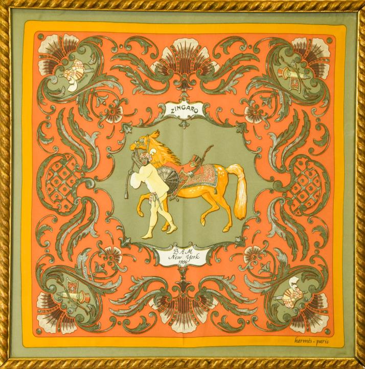 Gilt Wood Framed Vintage Hermes Paris Silk Scarf
