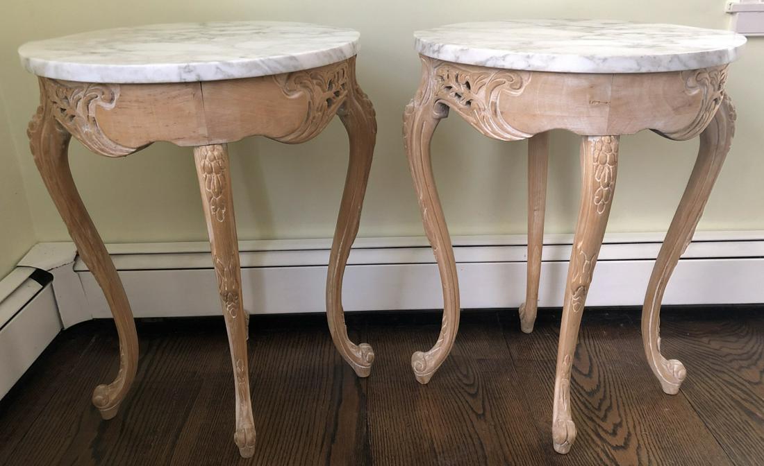 French Country Carved Pickled Pine & Marble Tables (1 of 5)