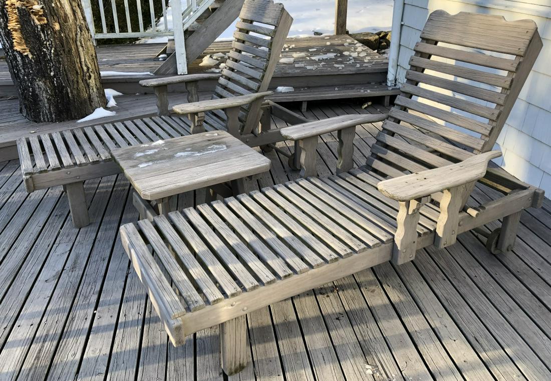 Pair Heavy Teak Lounge Chairs and Side Table (1 of 6)