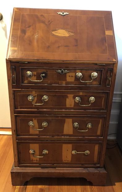 Georgian Small Scale Secretary w Shell Marquetry: Georgian Small Scale Secretary with Shell Marquetry. Carved interior with inlaid embossed leather writing surface. Secretary fold down surface features a marquetry conch shell motif. 38 inches x 20 in