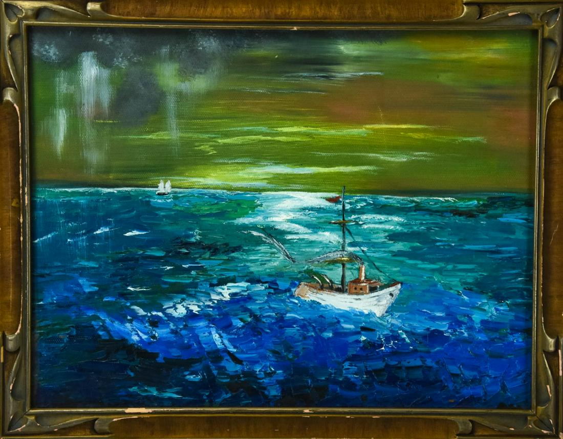 Rockport School Massachusetts Marine Oil Painting: Rockport School Massachusetts Marine Oil Painting of Ship in an Art Deco Frame. Measures 11 x 14 inches.