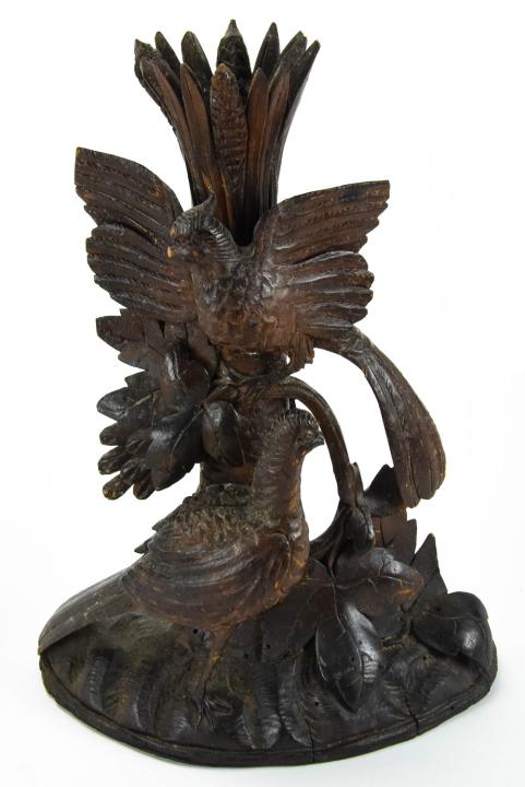Antique German Black Forest Carved Candle Holder: Antique German Black Forest Carved Candle Holder. Heavily carved with motif of two pheasants and leaves. Measures 11 inches x 8 inches x 5 inches.