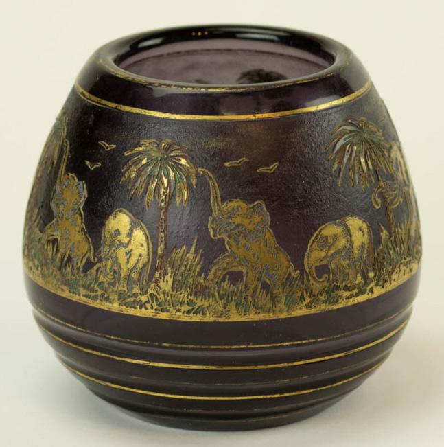 Czech Etched Gilded Enameled Elephant Motif Bowl: Czech Etched Gilded Enameled Elephant Motif Bowl. Signed at base. 5.5 inches x 6.5 inches