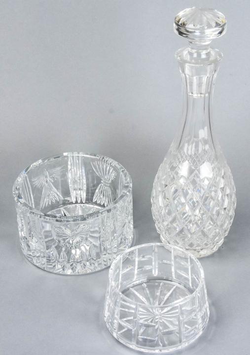3 Piece Waterford Crystal Wine Accessories: 3 Piece Waterford Crystal Wine Accessories. Includes decanter and two wine coasters, each by Waterford and marked. Decanter measures 11 inches x 3 inches.