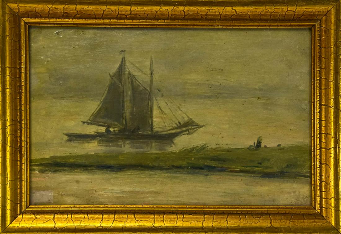 Antique Albert Humphreys Sail Boat Oil Painting: Antique Albert Humphreys Sail Boat Oil Painting. Oil on board painting depicting a sailboat at sea, signed by the artist Albert Humphreys (1863 - 1925) in the lower right. Frame measures 6.75 inches x