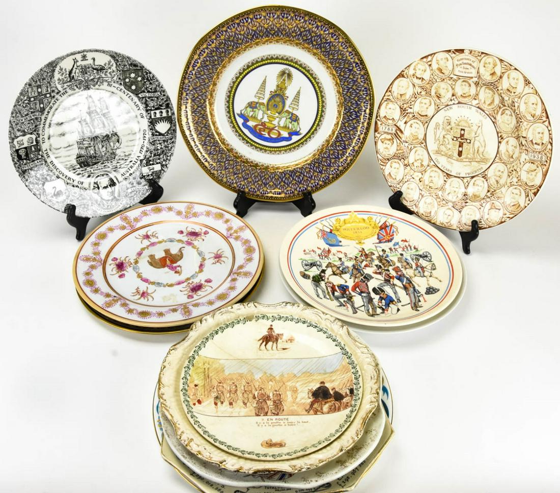 Collection of European Commemorative Dishes: Collection of European Commemorative Dishes. Collection of commemorative porcelain and ironstone plates, each with military and monarch motifs. Includes Wedgwood Princess Diana plate. Largest measures