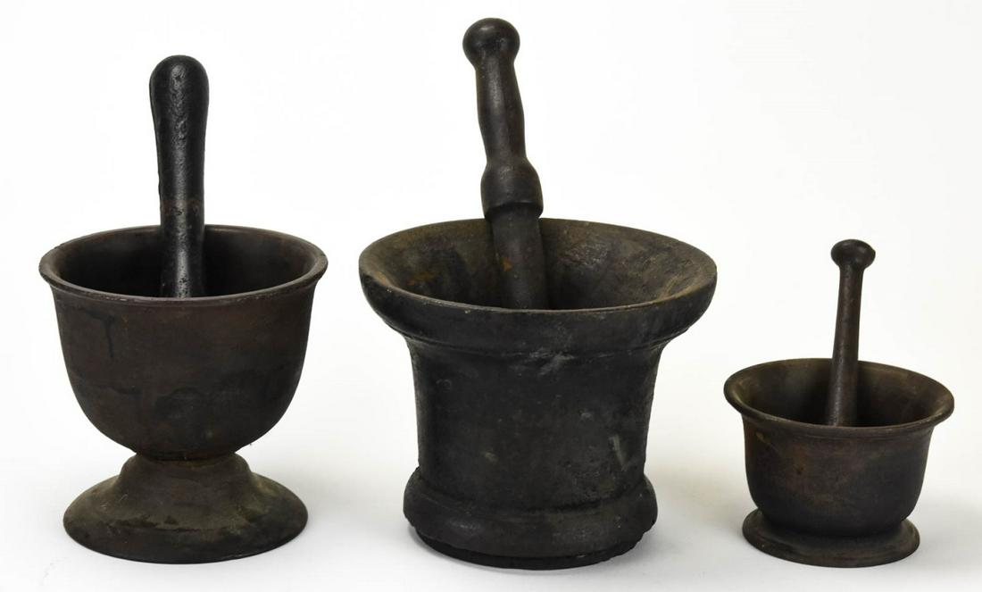 3 Antique Heavy Cast Iron Mortars & Pestles (1 of 5)