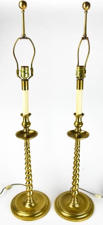Pair Brass Solomonic Column Form Stick Lamps (1 of 5)