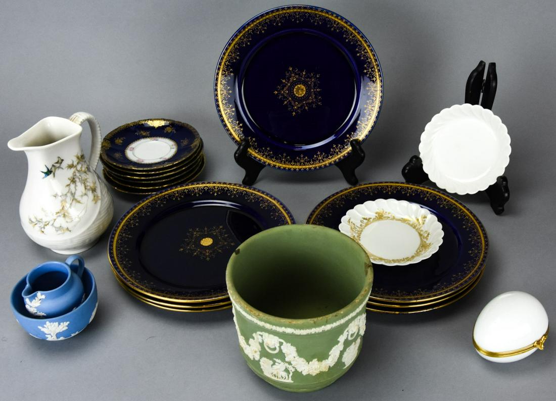 Collection of Porcelain Incl Limoges & Wedgwood: Collection of Porcelain Incl Limoges & Wedgwood. Serveware and decorative pieces by Limoges, Wedgwood and German lunch plates which measure 8 inches in diameter.
