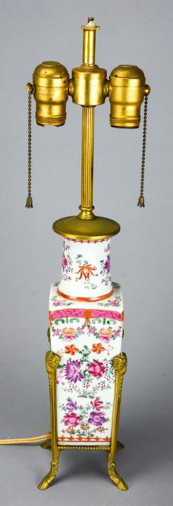 Antique Hand Painted Porcelain & Ormolu Lamp: Antique Hand Painted Porcelain & Ormolu Lamp. Rams heads and hooves in ormolu motif. 21 inches x 4.5 ionches x 4.5 inches