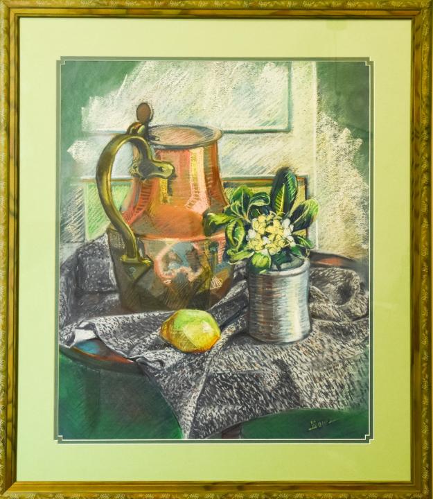Pastel Still Life Subject - Signed Botaz: Pastel Still Life Subject - Signed Botaz. Pastel still life depicting a copper pitcher, lemon and floral arrangement. Signed Botaz in the lower right. Professionally matted and framed. Frame measures 