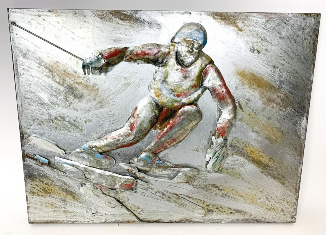 3-D Mixed Metal & Painted Skier Motif Wall Art: 3-D Mixed Metal & Painted Skier Motif Wall Art. 24 inches x 31.5 inches.