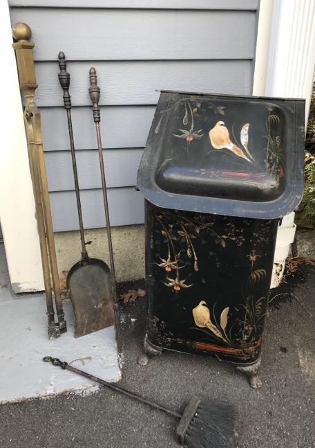 Antique 19th C Tole Metal Fireplace Scuttle Tools (1 of 5)