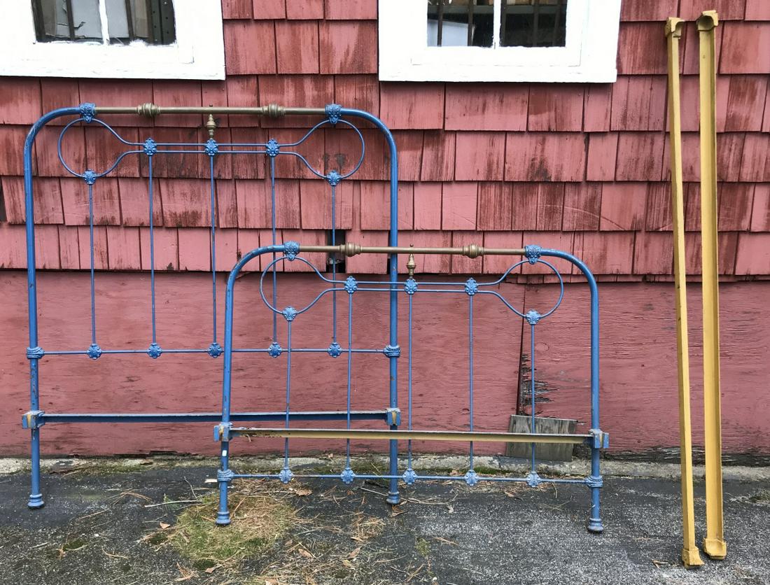Antique 19th C Blue Painted & Brass Bed (1 of 4)