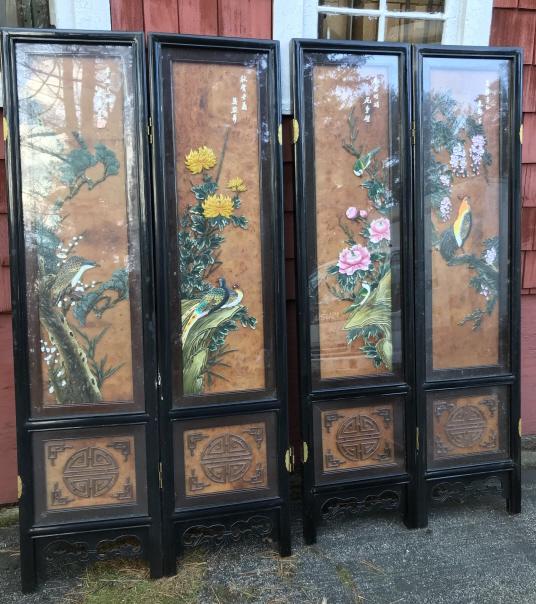 Chinese Carved Wood & Hardstone Panel Screen (1 of 5)