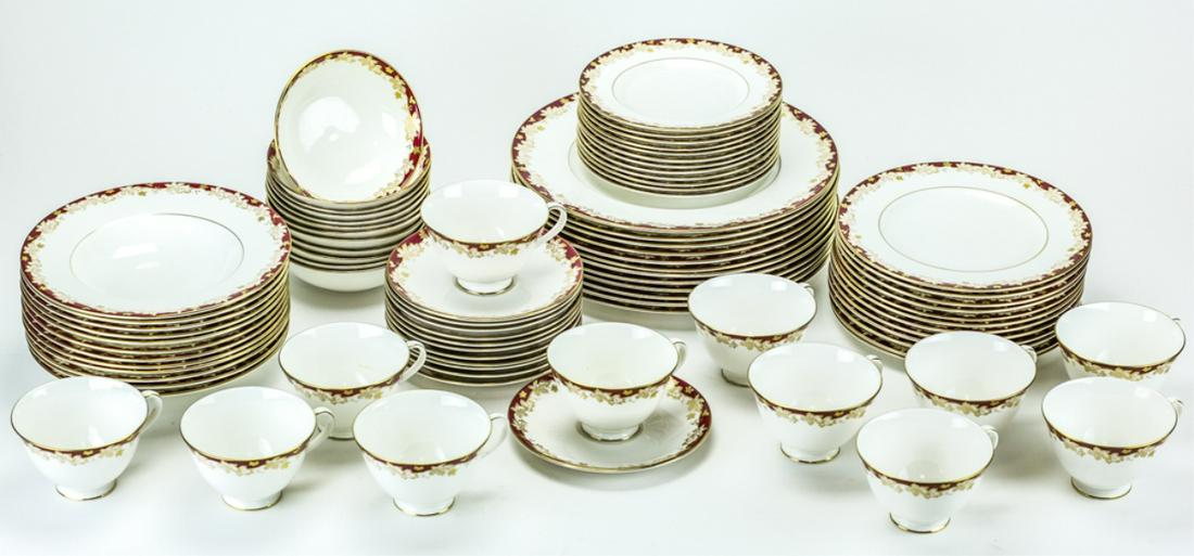 Royal Doulton "Winthrop" Bone China Service for 12: Royal Doulton "Winthrop" Bone China Service for 12. Winthrop pattern features a grape and grape leaf motif of gold, red and ivory. Service includes dinner plate, lunch plate, dessert plate, soup bowl,