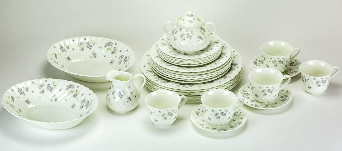 Wedgwood Bone China "April Flowers" Plate Service: Wedgwood Bone China "April Flowers" Plate Service. Partial service includes 6 dinner, 6 lunch and 6 salad plates, 5 coffee cups and 3 saucers, sugar, creamer and 2 serving bowls. Dinner plated is 10 i