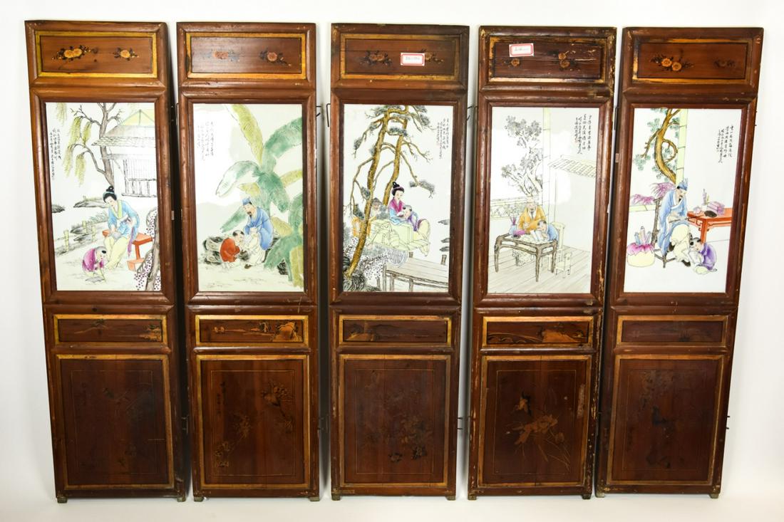 5 Antique Chinese Wood & Porcelain Plaques Signed (1 of 7)