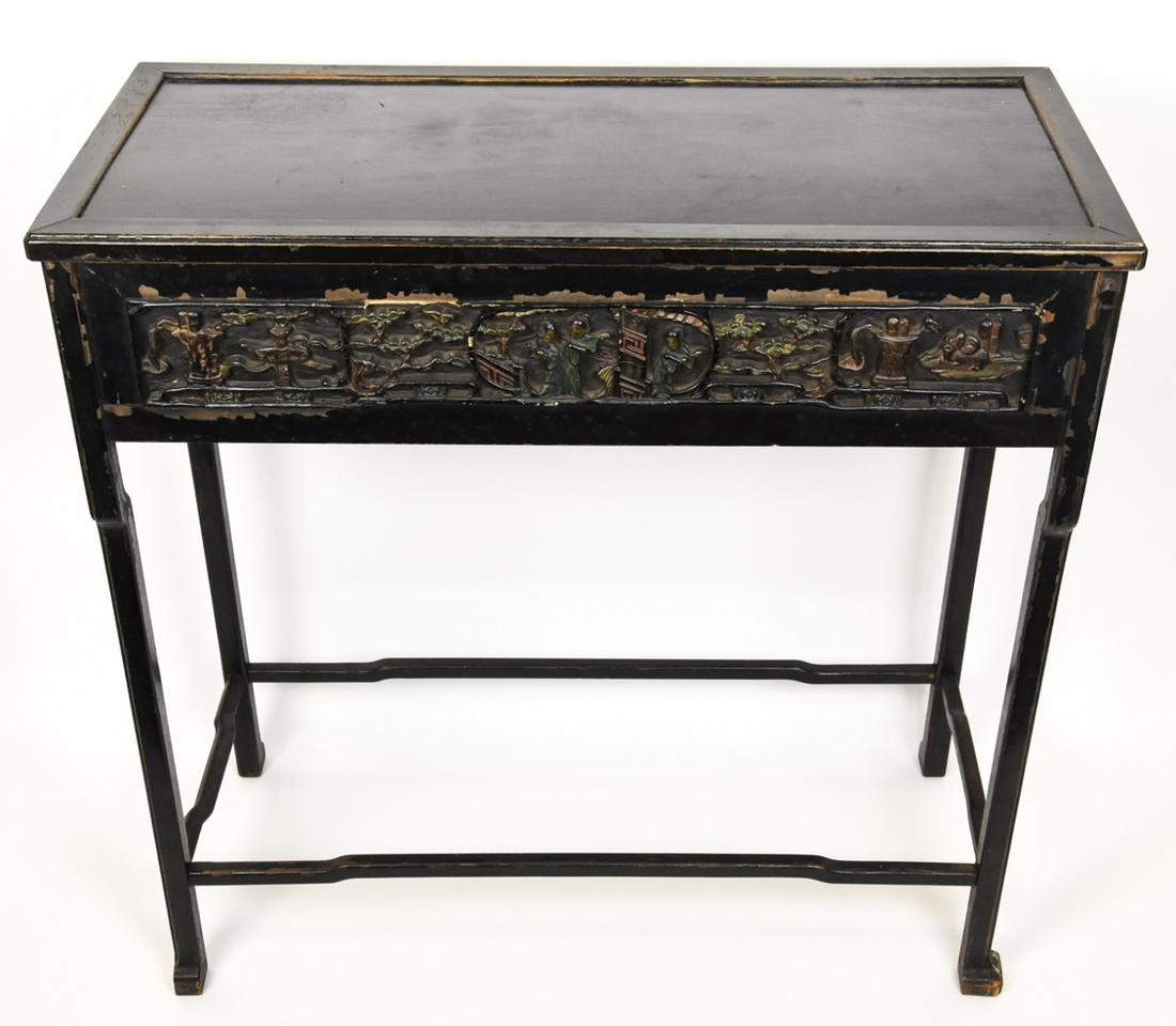 Chinese Hand Carved & Painted Console Table: Chinese Hand Carved & Painted Console Table. Apron with hand carved figural scene. Measures 34 inches x 34 inches x 15.5 inches.