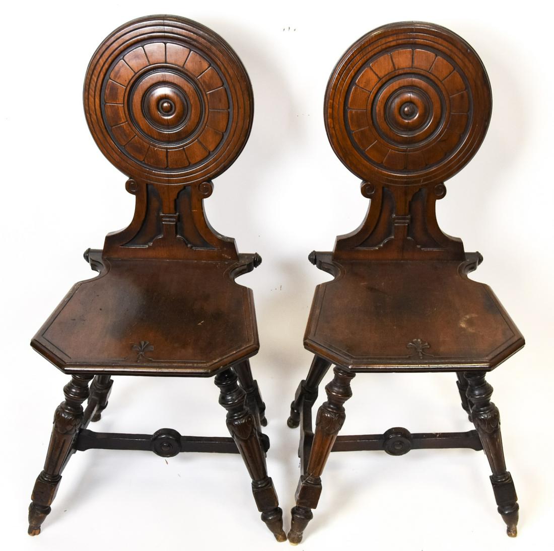 Pair Victorian Hand Carved Mahogany Hall Chairs (1 of 7)