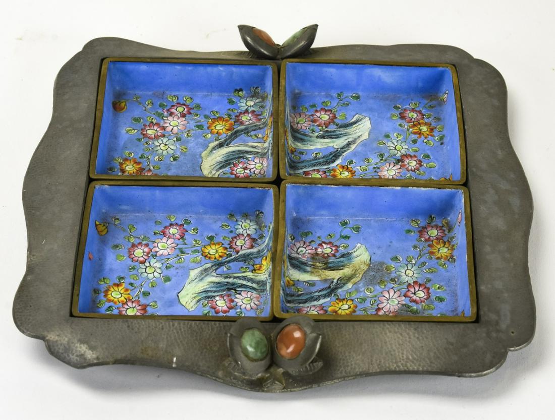 Chinese Pewter & Enamel Painted Tray (1 of 6)