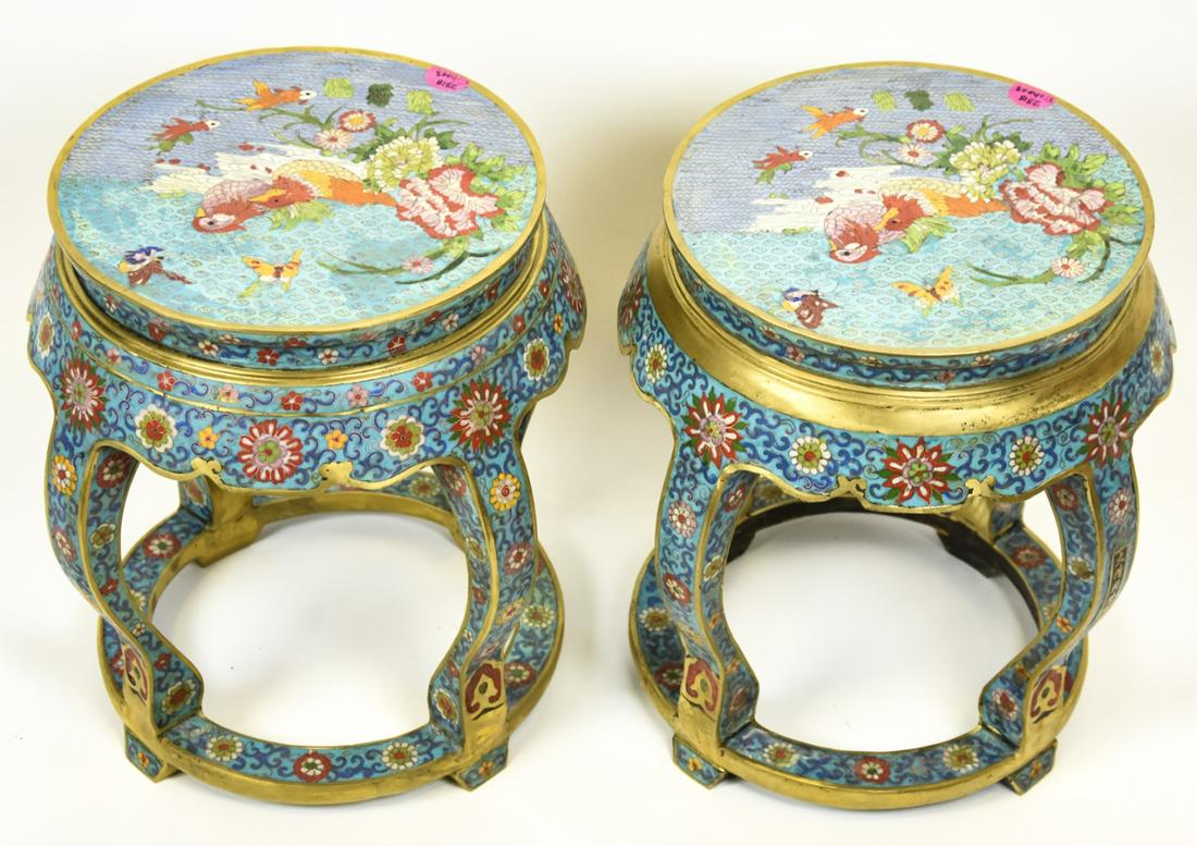 Pair Chinese Heavy Brass & Cloisonne Stools (1 of 6)