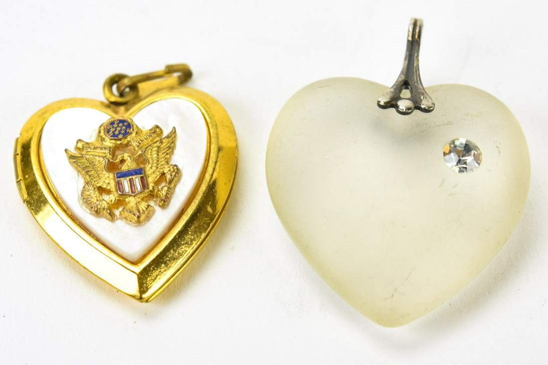 Mother of Pearl Military Locket & Heart Pendant: Vintage Mother of Pearl Military Locket & Heart Pendant. Frosted art glass and mother of pearl in gilt metal. Larger measures 1.5 inches in length.