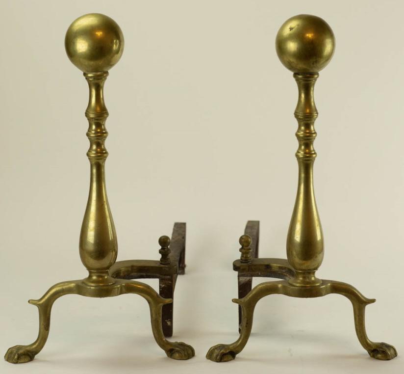 Pair Traditional Style Brass Claw Foot Andirons: Pair Traditional Style Brass Claw Foot Andirons. Each measures approximately 17 inches x 9.5 inches x 17 inches.