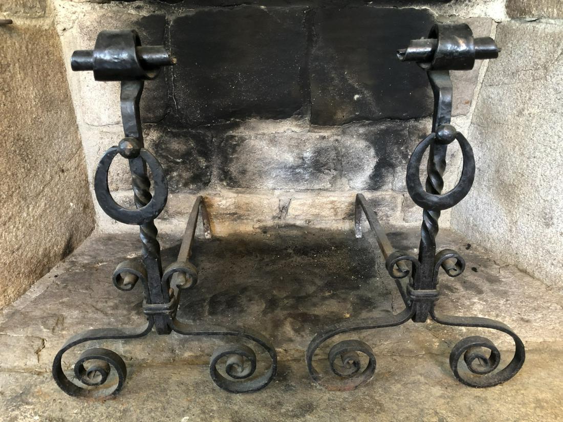 Arts and Crafts Style Wrought Iron Andirons: Arts and Crafts Style Wrought Iron Andirons. Turned detail. Black. 23 inches x 14 inches x 23 inches