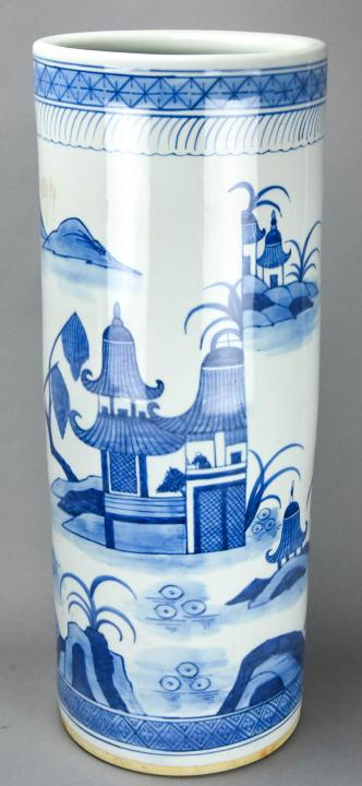 Chinese Blue & White Porcelain Umbrella Stand: Chinese Blue & White Porcelain Umbrella Stand. Canton blue and white porcelain umbrella stand. Measures 24 inches x 9 inches.