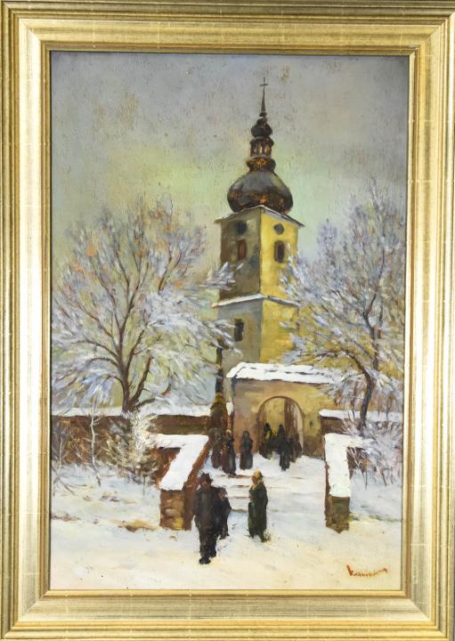 Erna Popper Vamos Impressionist Genre Painting: Erna Popper Vamos Impressionist Genre Painting. Oil on board painting depicting an impressionist scene of people leaving a chapel. Signed by the artist Erna Popper Vamos (Hungarian, 1904 - 1965). Fram