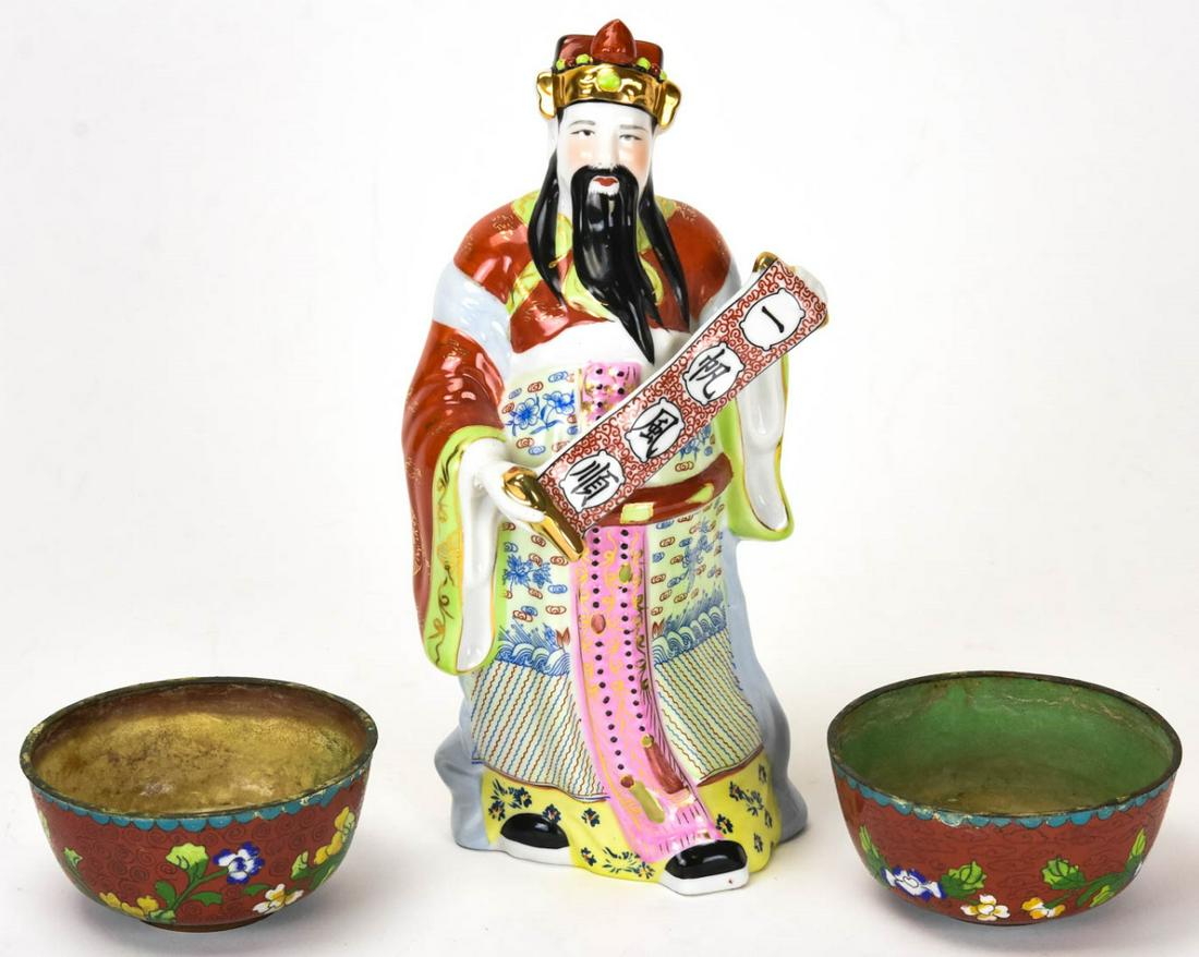 Chinese Porcelain Sage Statue & 2 Cloisonne Bowls: Chinese Porcelain Sage Statue & 2 Cloisonne Bowls. Includes a hand painted porcelain statue depicting a sage holding a scroll and two Cloisonne bowls. Statue measures 10 inches in height.