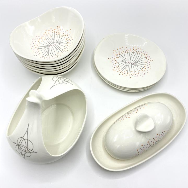 Mid Century Eva Zeisel by Charles Seliger Set: Mid C Hall China Company Partial Dinner Service. Lot of 15 pieces includes One Fantasy Sauce Bowl by Hall China Company, Hungary / USA, c. 1950, glazed porcelain and all other pieces in the Dawn patte