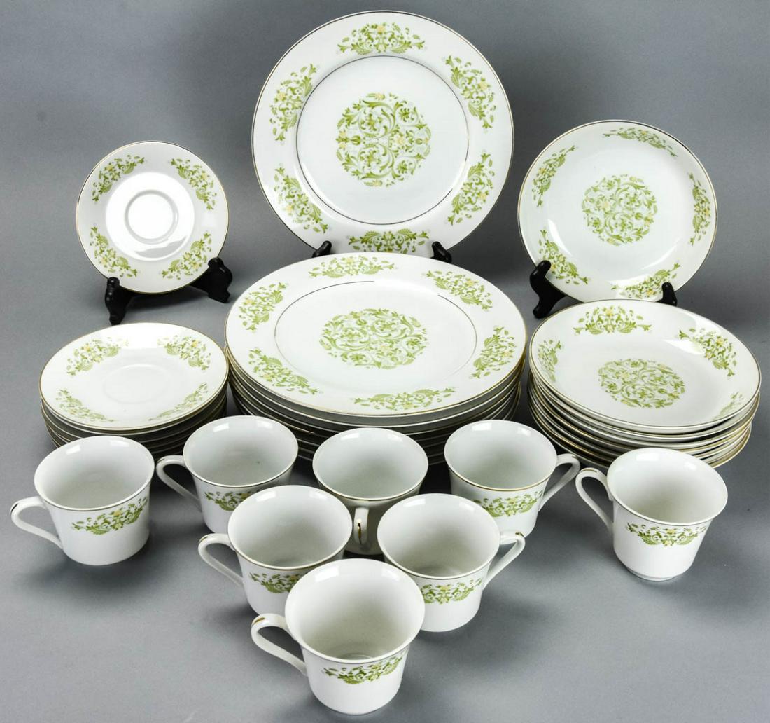 Cotillion "Golden Scroll" China Service for 8: Cotillion "Golden Scroll" China Service for 8. Floral pattern with green leaves, yellow roses and white daisies. Includes 8 dinner plates, 8 bowls, 8 saucers and 8 coffee cups. Dinner plates each meas