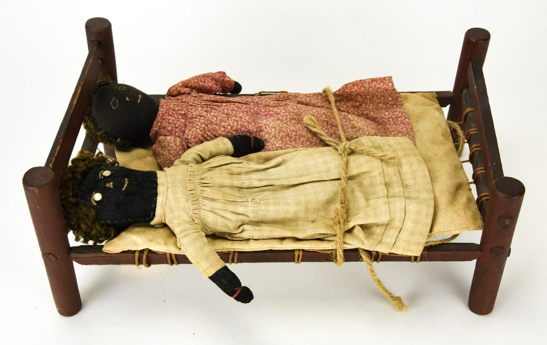 2 Antique 19th C American Black Cloth Dolls & Bed (1 of 7)