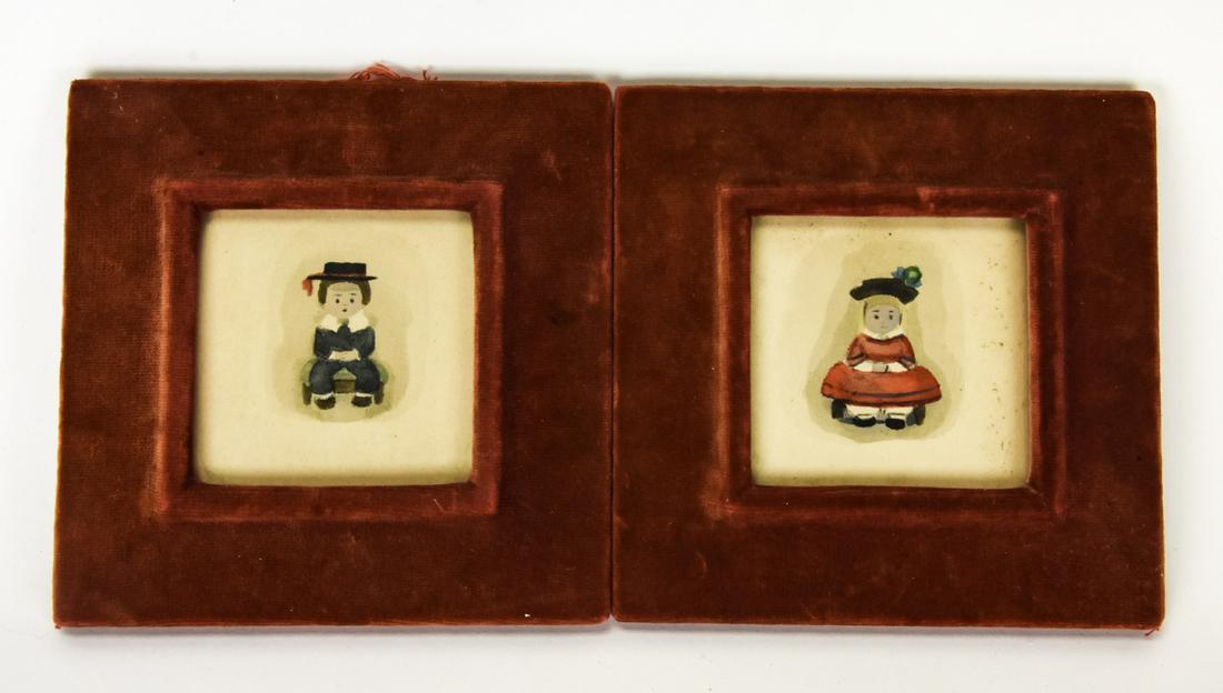 Antique 19th C Velvet Frames w Folk Art Paintings (1 of 7)