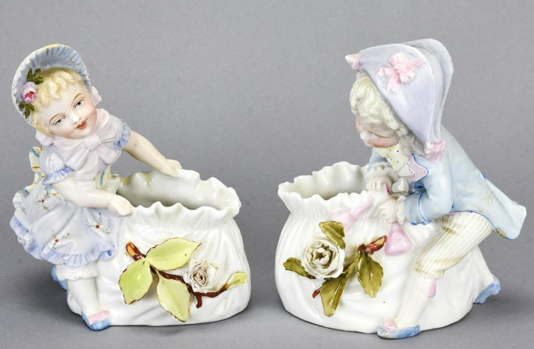 Pair Antique Bisque Figural Statues Dolls w Basket (1 of 9)