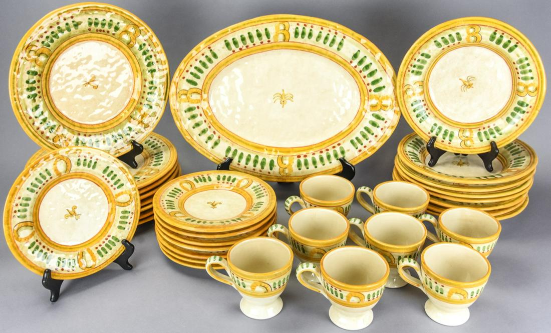 Vietri Italy Hand Painted Stone Ware Plate Service: Vietri Italy Hand Painted Stone Ware Plate Service. 8 dinner plates, 8 soup bowls, 8 salad plates, 8 mugs, one large platter. Dinner plate measure 10.5 inches.
