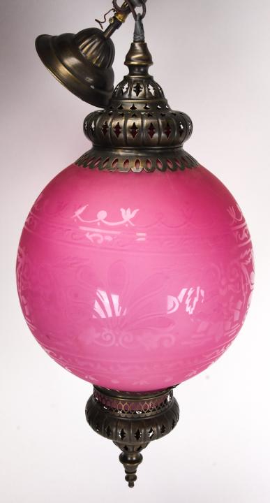 Victorian Style Cranberry Frosted Pendant Light: Victorian Style Cranberry Etched Frosted Glass Pendant Light. 24 inches x 14 inches in diameter.
