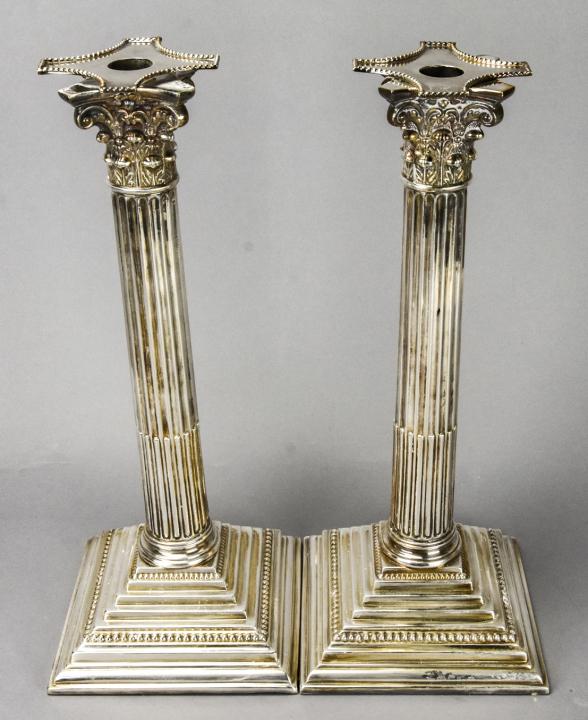 Pair Silver Plate Hallmarked Column Candlesticks (1 of 6)